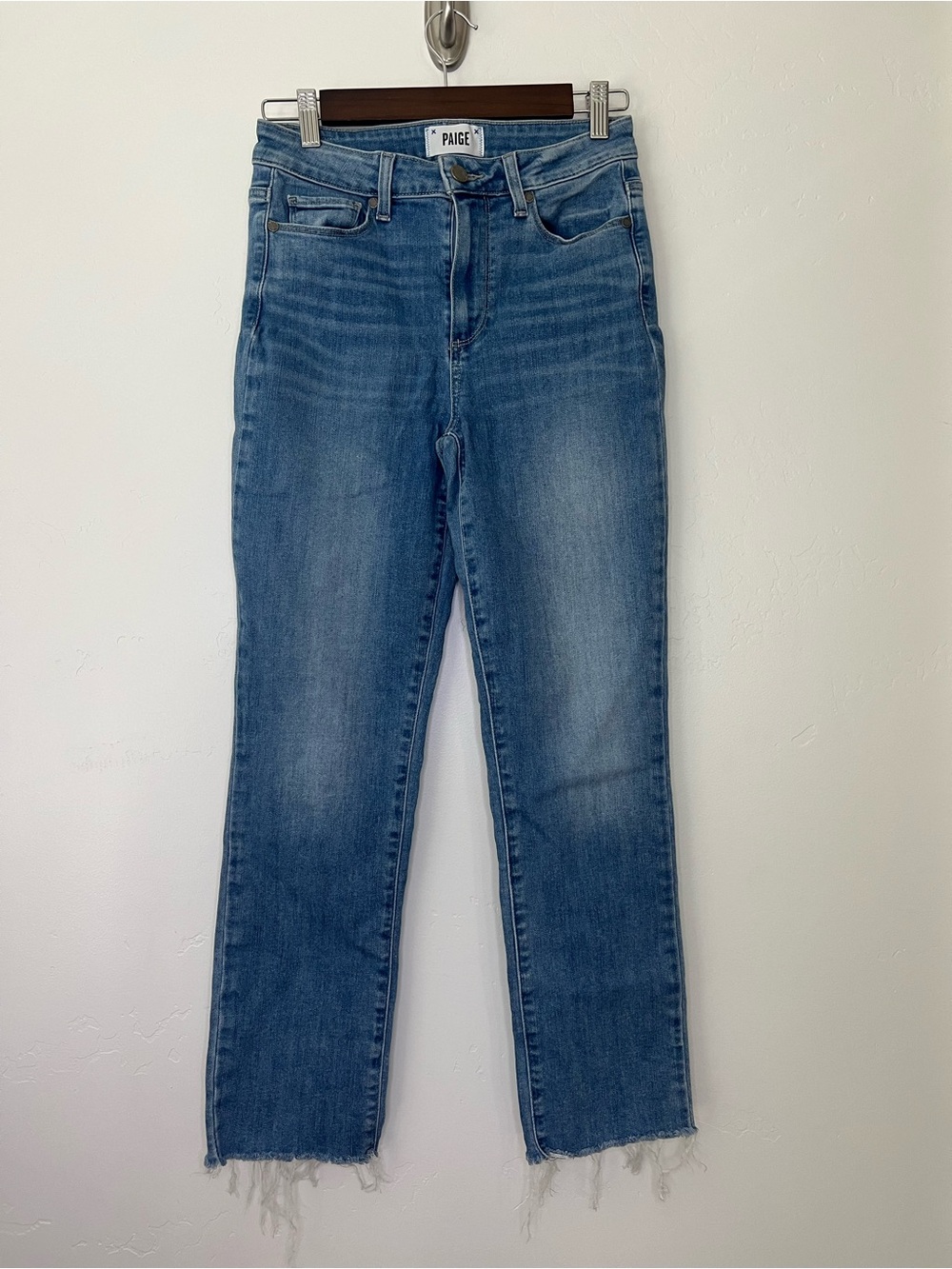 PAIGE Hoxton Slim Jeans in Medium Blue Wash with Frayed Hem